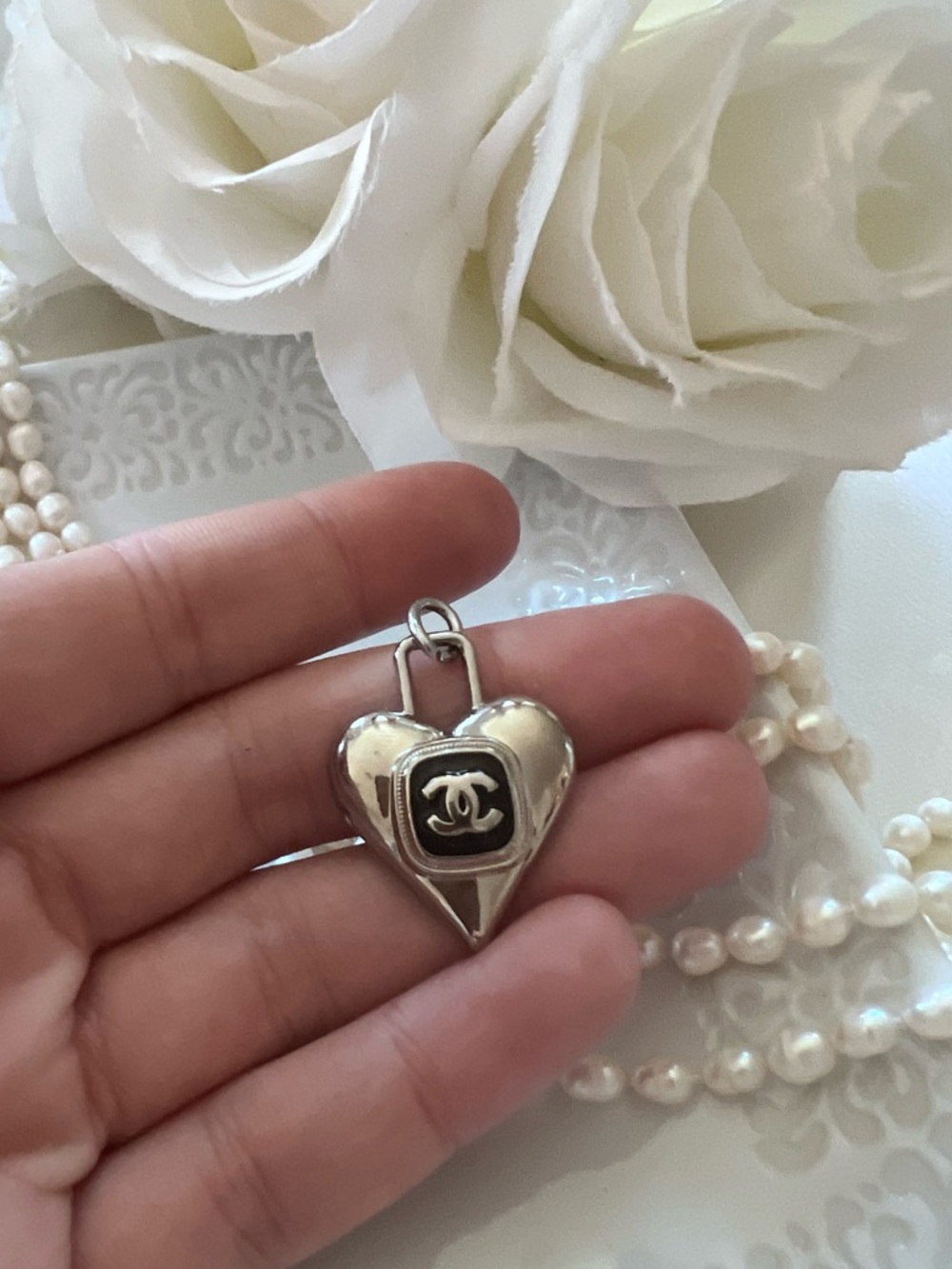 Chanel Silver Heart Lock Pull Charm